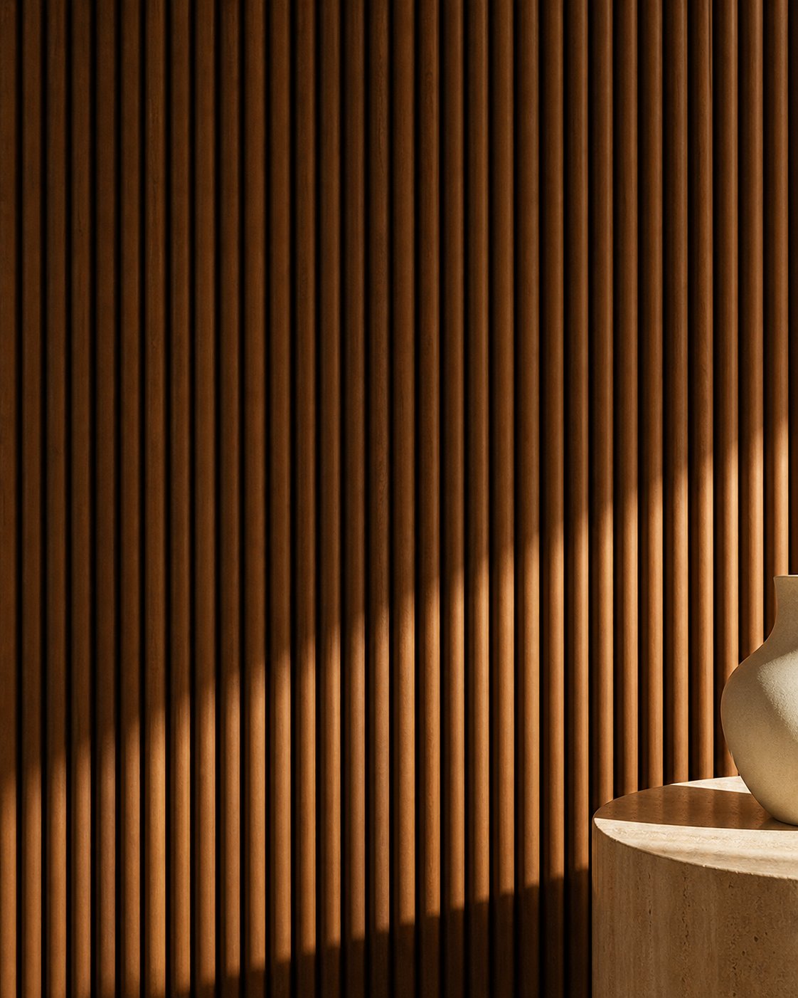 Warm walnut decorative louvers with vertical fluting and soft architectural lighting